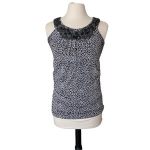 Studio Y Top Women’s M Black White Ditsy Leopard Print Sleeveless Beaded Neck